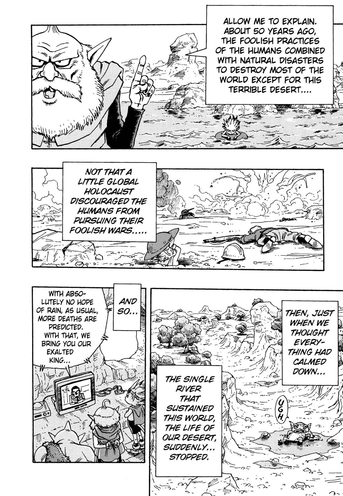 Thief gives a rundown of the world's current situation in Sand Land Ch. 1 "Let's Go!" (2000), Shueisha. Words and art by Akira Toriyama.