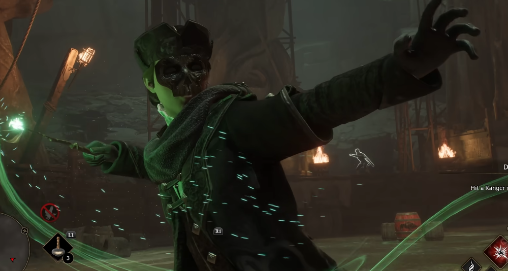 The player casts Avada Kedavra while wearing the Dark Arts Cosmetic Set via Hogwarts Legacy (2022), Warner Bros. Interactive Entertainment