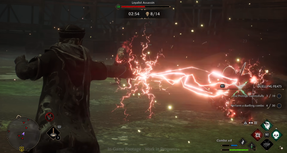 The player blasts a Goblin Loyalist Assassin with Crucio in the Dark Arts Battle Arena via Hogwarts Legacy (2022), Warner Bros. Interactive Entertainment