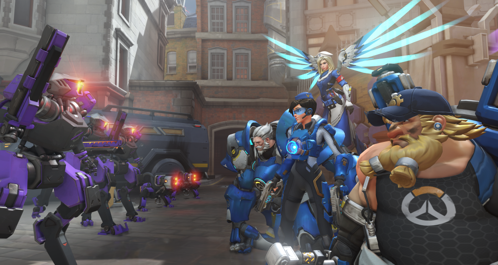 Reinhardt, Mercy, Tracer, and Torbjörn face down with Null Sector Omnics on Kings Row in the Uprising game mode via Overwatch (2016), Blizzard Entertainment