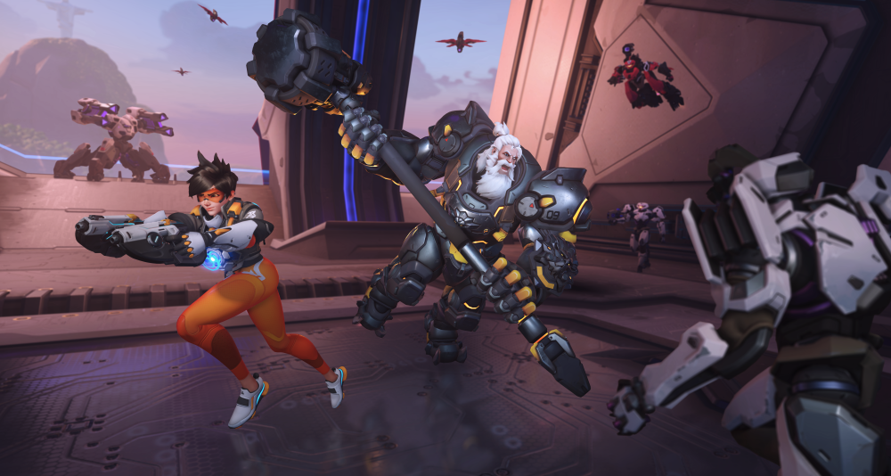 Tracer and Reinhardt battle Null Sector Omnics via Overwatch 2 (2022), Blizzard Entertainment