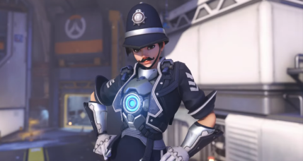 Tracer in her Constable Tracer skin "on duty" in Overwatch HQ via Overwatch 2 (2022), Blizzard Entertainment