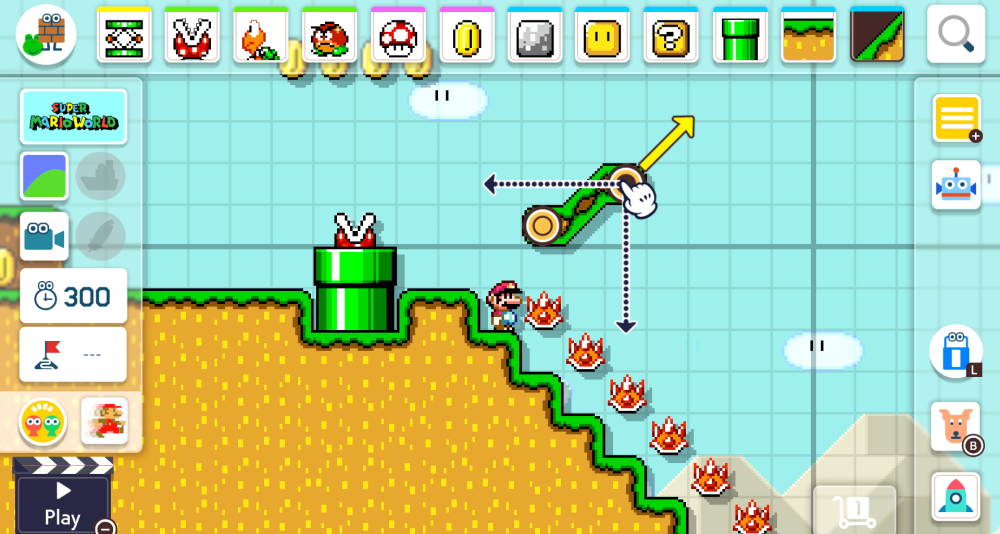 The player edits a level in the Super Mario World style via Super Mario Maker 2 (2019), Nintendo