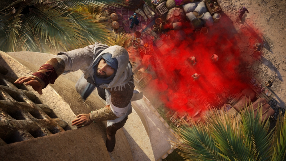Basim Ibn Ishaq climbs away from his pursuers after dousing them in red dye powder via Assassin's Creed Mirage (2023), Ubisoft