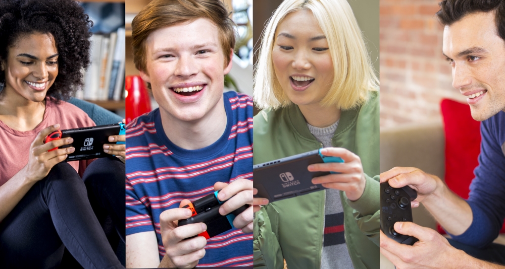 A variety of gamers playing with the Nintendo Switch in handheld mode, docked mode, and with a Pro Controller via Nintendo