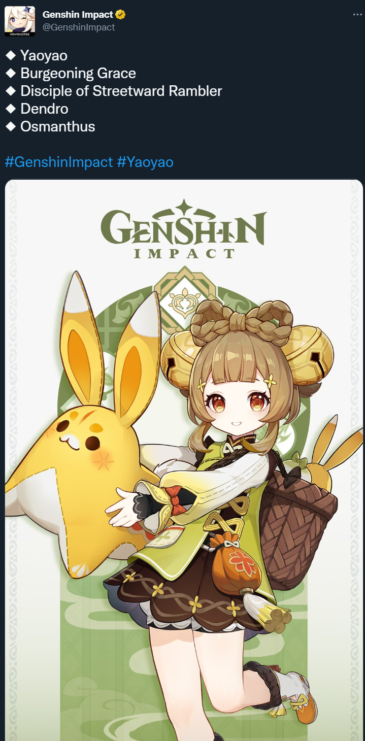 The official Genshin Impact Twitter account shares details and art of Yaoyao via Twitter