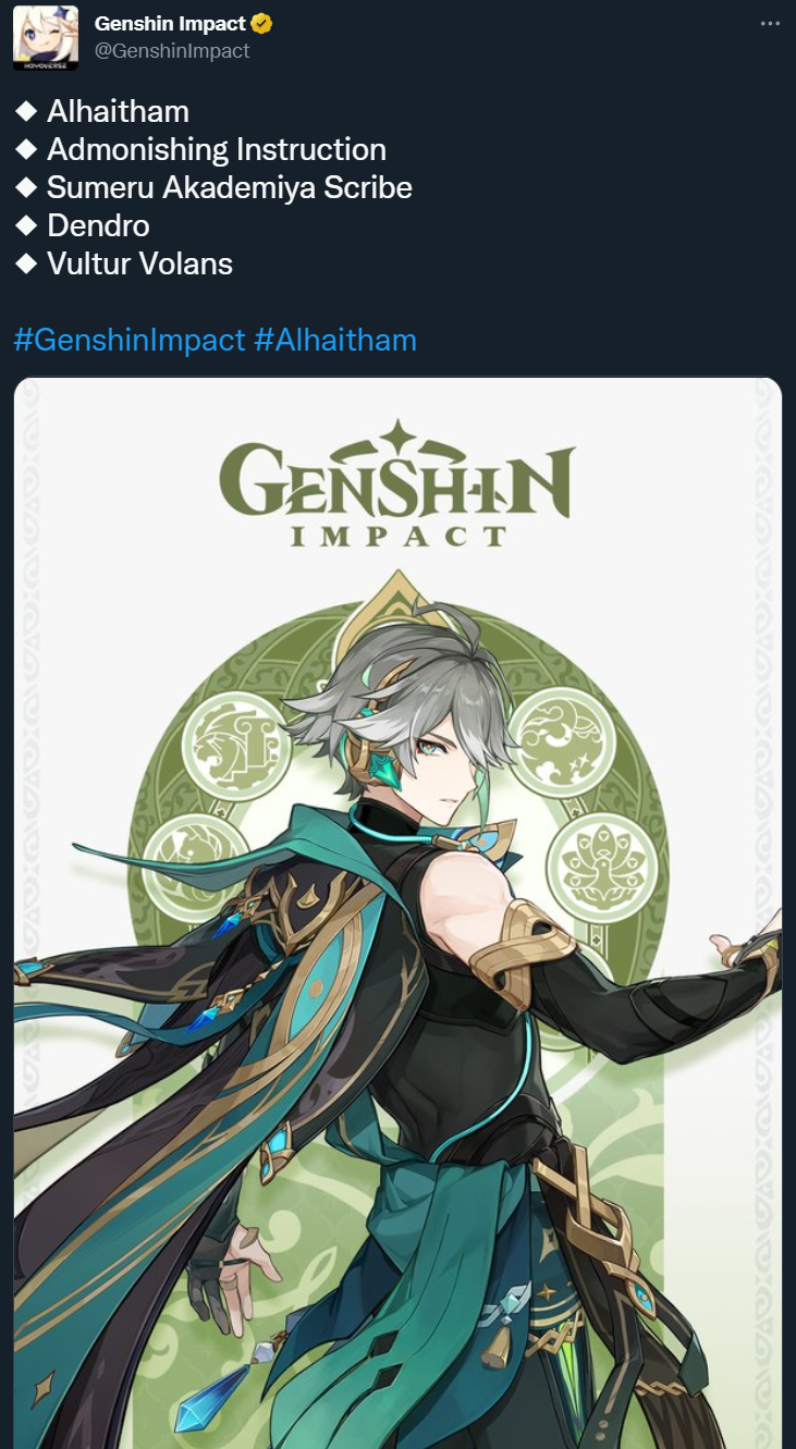 The official Genshin Impact Twitter account shares details and art of Alhaitham via Twitter