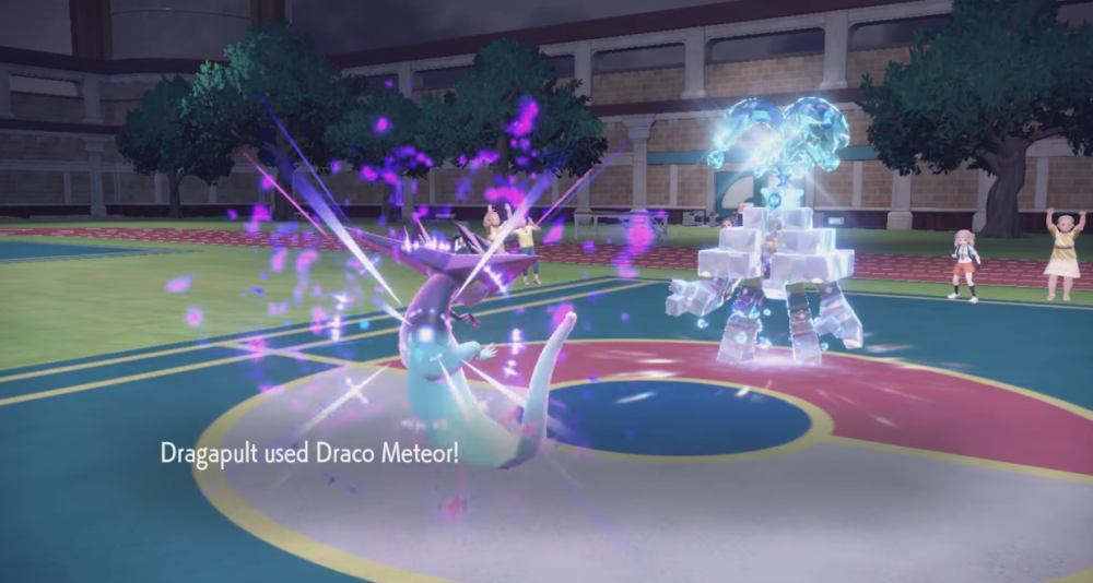 A Dragapult ues Draco Meteor, brimming with draconic energy. It seems to be targeting a Water Tera Type Garganacl via Pokémon Scarlet & Violet (2022), Nintendo