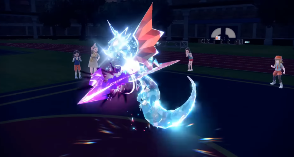 A Terastallized Dragon Tera Type Dragapult launches Dragon Darts against its hapless opponent via Pokémon Scarlet & Violet (2022), Nintendo