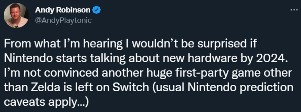 Andy Robinsom claims there will be no other first-party Nintendo titles on the Nintendo Switch after the launch of The Legend of Zelda: Tears of the Kingdom via Twitter