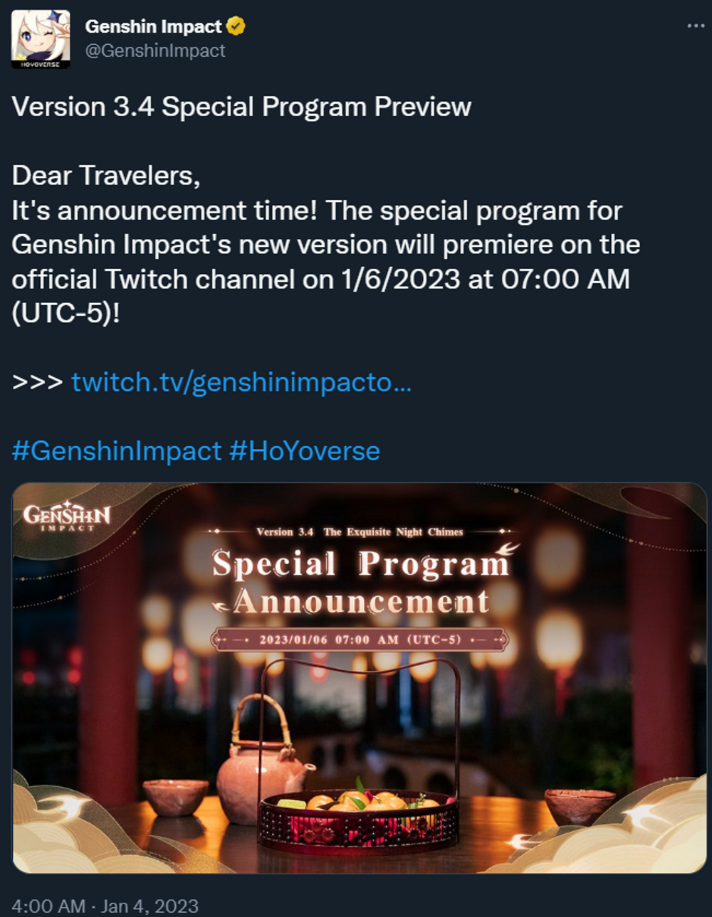 The official Genshin Impact Twitter account reveals the Version 3.4 Special Program Preview's premiere date via Twitter