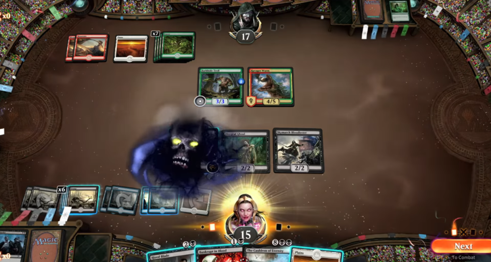 The player summons Doom Whisperer via Magic: The Gathering Arena (2018), Wizards of the Coast