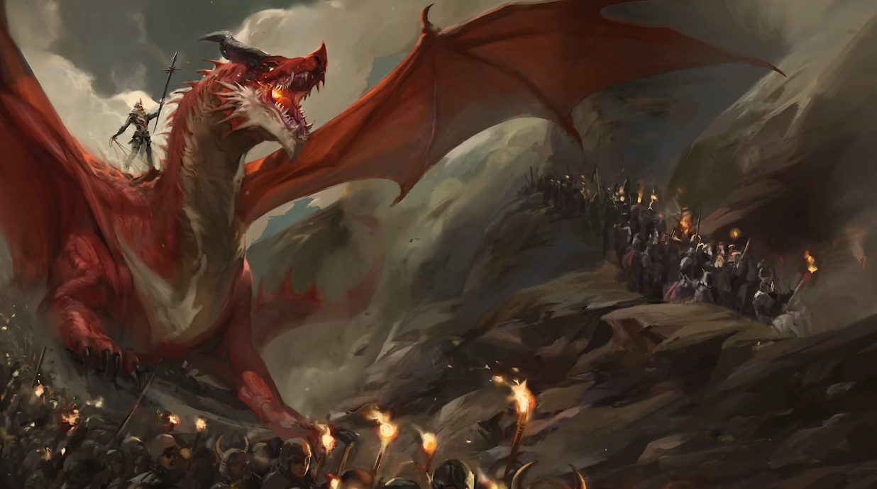 An army marches with a Red Dragon in tow via Nine New Feats In Dragonlance | Deep Dive | D&D