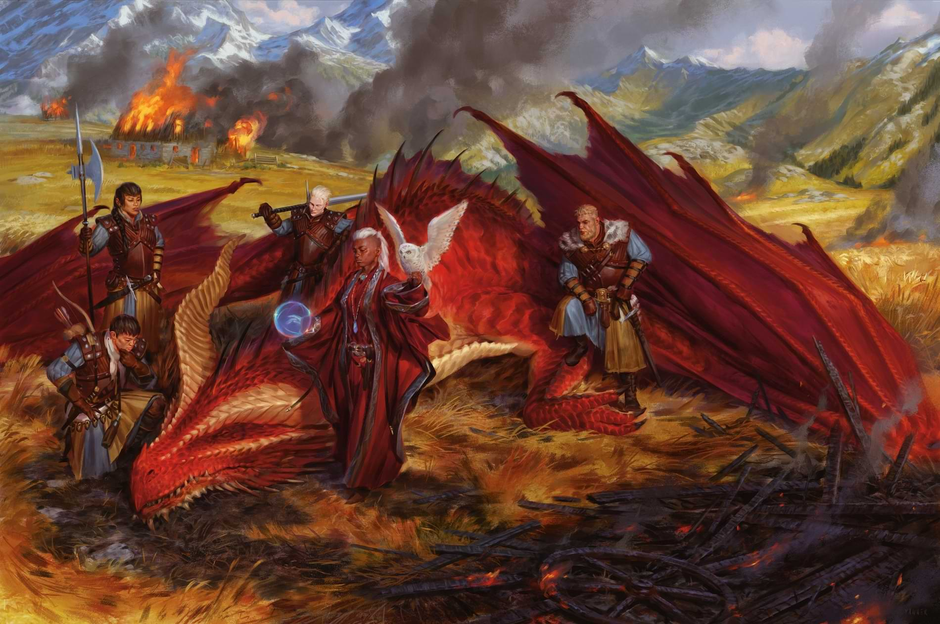 Five adventurers, one of them a sorcereress, examine the corpse of a Red Dragon amid the burning ruins of farm houses by Kieran Yanner for Dungeons & Dragons Dragonlance: Shadow of the Dragon Queen (2022) via Artstation