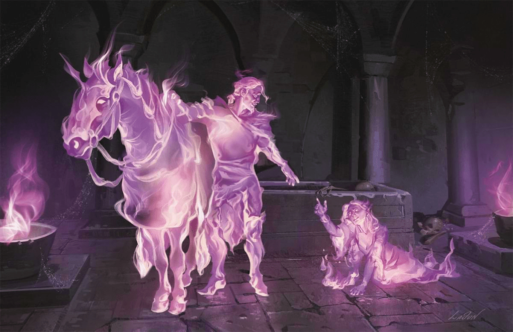 Trois apparitions fantomatiques, ravivées par le Cataclysme, scintillent dans des flammes spectrales dans une crypte. Un homme descend de son cheval pour aider une elfe à se relever dans Dungeons & Dragons Dragonlance : Shadow of the Dragon Queen (2022), Wizards of the Coast. Illustration de Katerina Ladon.