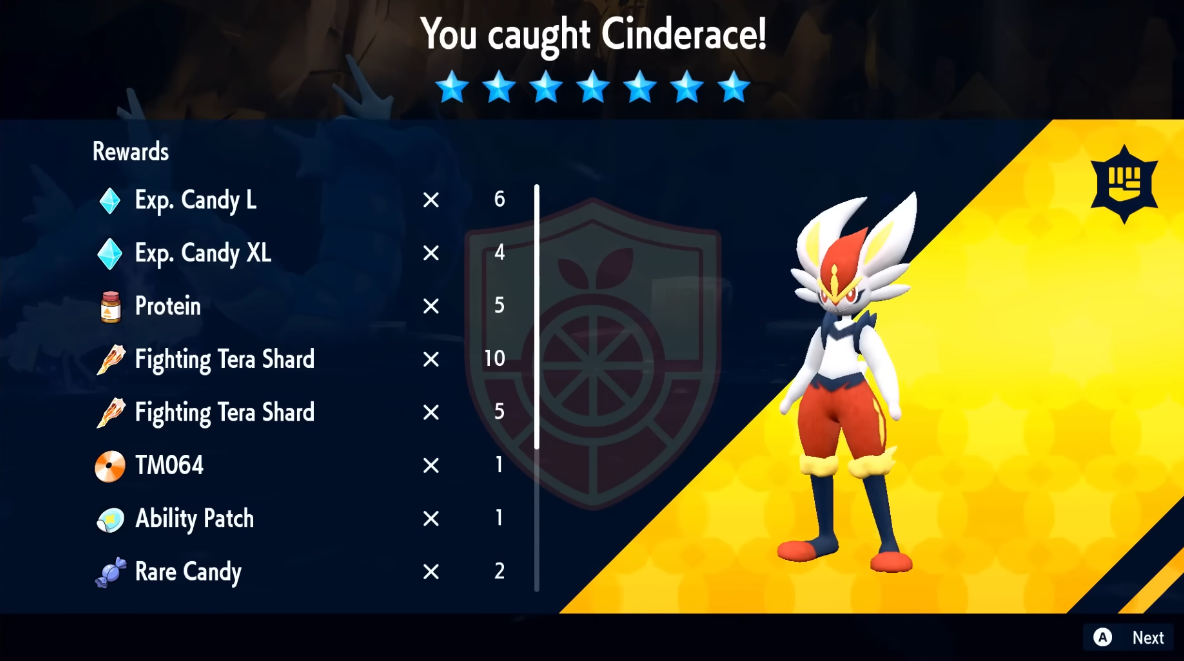 Cinderace was caught from the 7-Star Tera Raid Battle via Pokémon Scarlet & Violet (2022), Nintendo