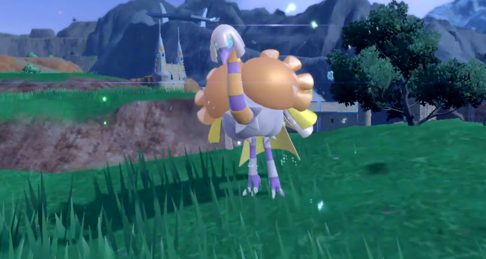 A newly evolved Espathra stands atop a grassy hill via Pokémon Scarlet & Violet (2022), Nintendo