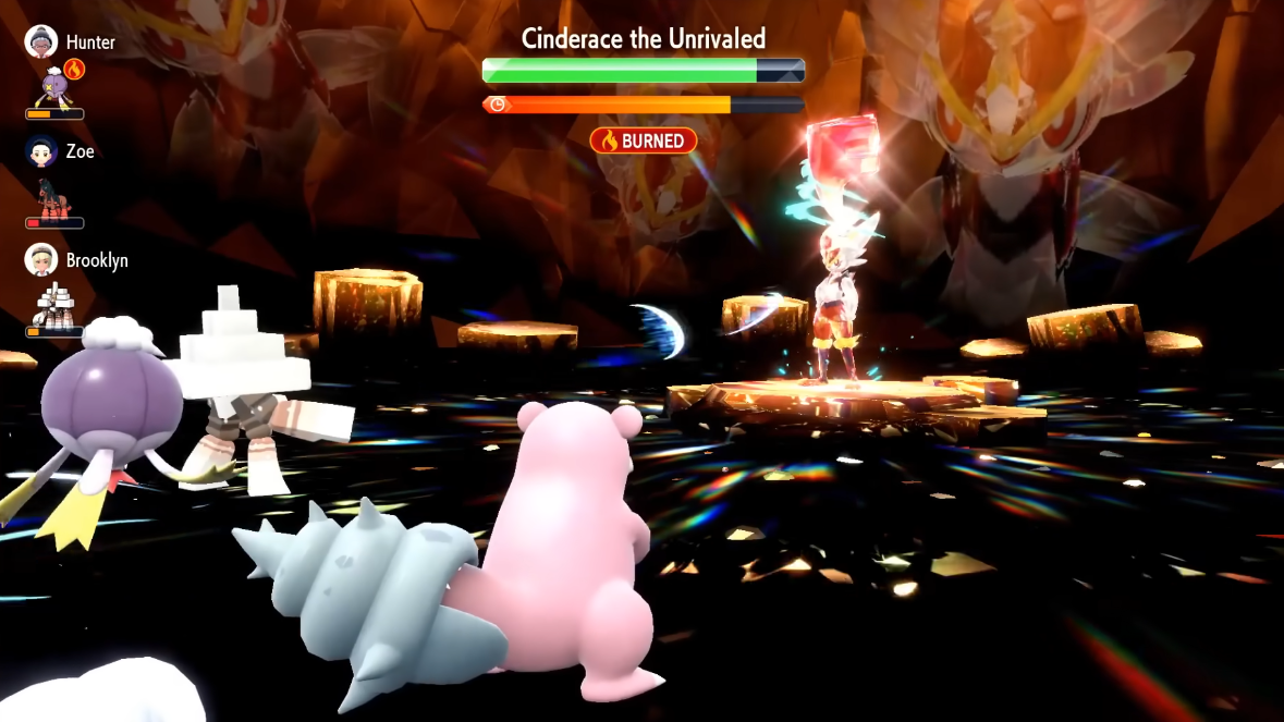 Drifblim uses Air Slash against a Tera-Fighting Cinderace in a Tera Raid Battle. A Garganacl and Slowbro are fighting along side it via Pokémon Scarlet & Violet (2022), Nintendo
