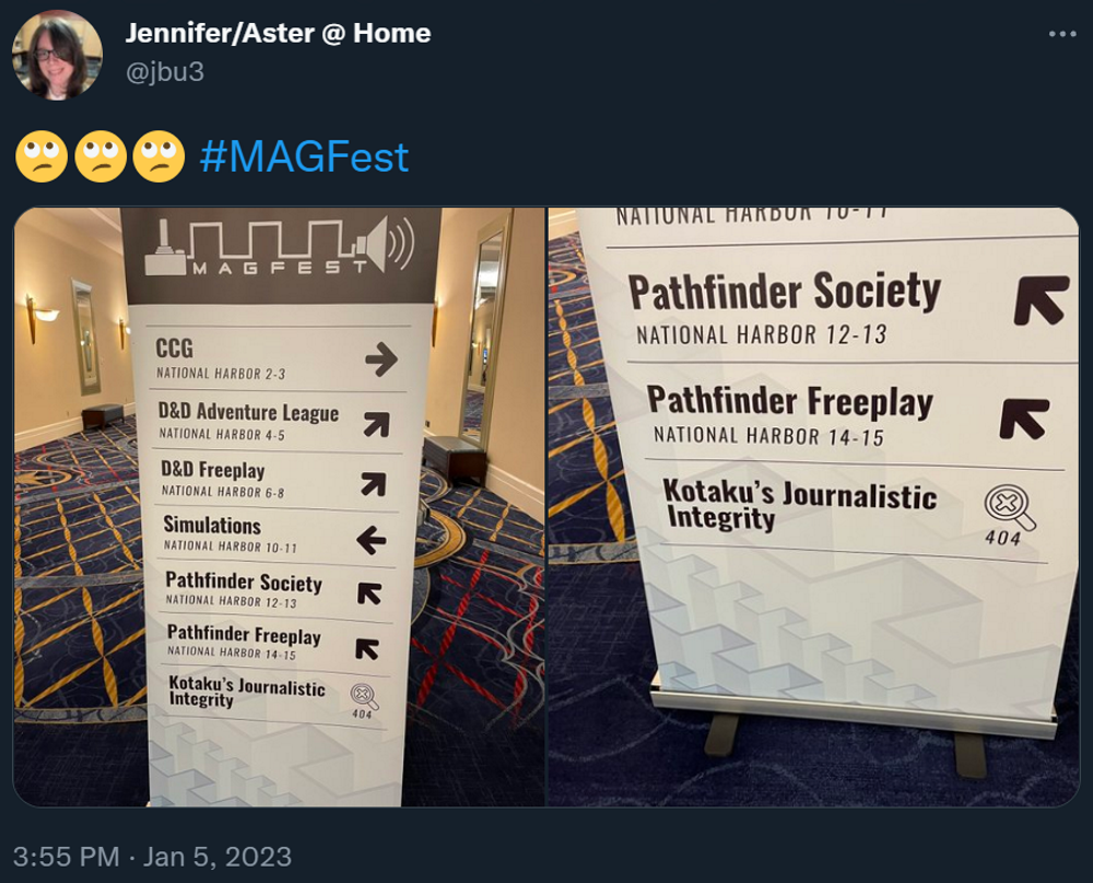Jennifer Unkle shares a sign at Super MAGFest 2022, mocking Kotaku's journalistic integrity via Twitter