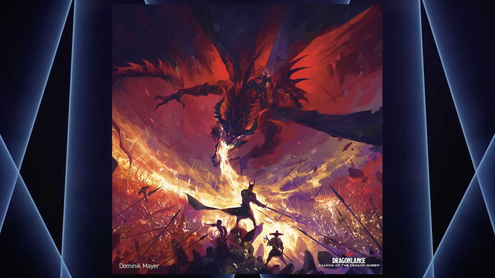 Armies clash as the sky turns blood red, and a Red Dragon and its rider scorches the unfortunate souls beneath. Art by Dominik Mayer for Dungeons & Dragons Dragonlance: Shadow of the Dragon Queen (2022), Wizards of the Coast
