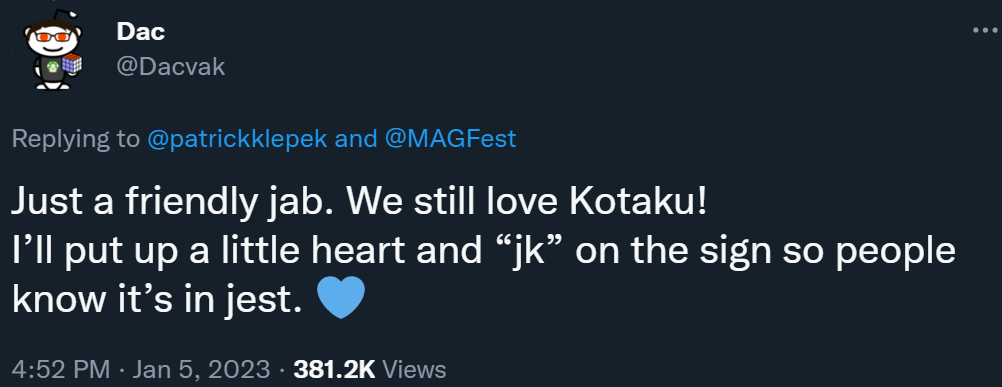 Dac Croach insists the Super MAGFest 2023 sign mocking Kotaku was meant in good faith via Twitter