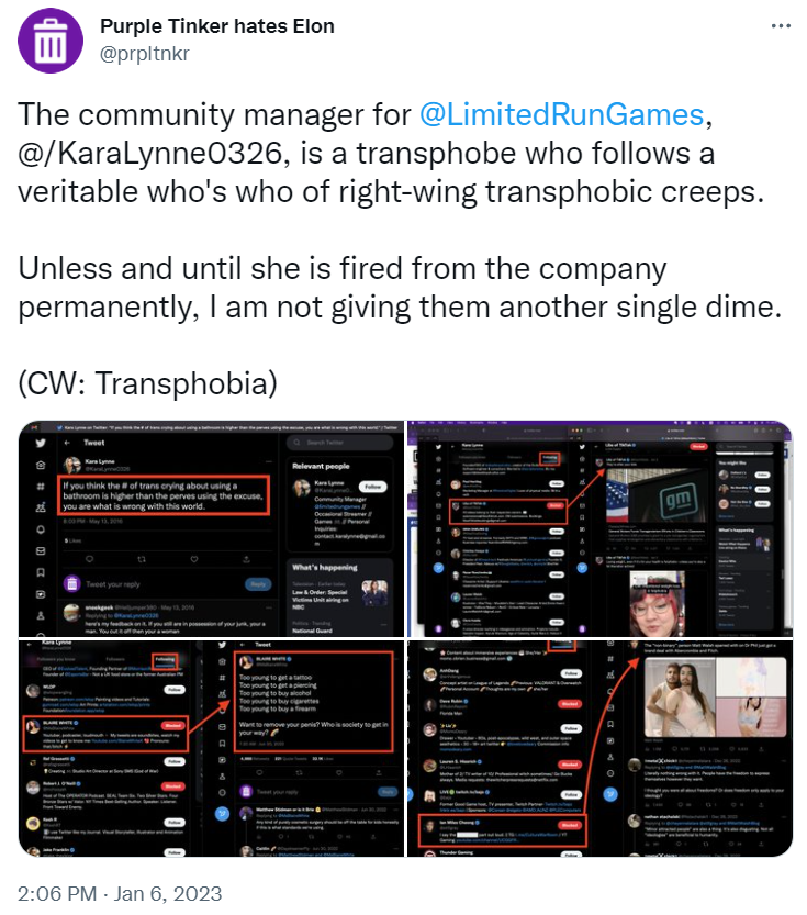 Archive link Purple Tinker highlights a supposedly offensive tweet made by Kara Lynne, along with "right-wing transphobic creeps" she follows via Twitter