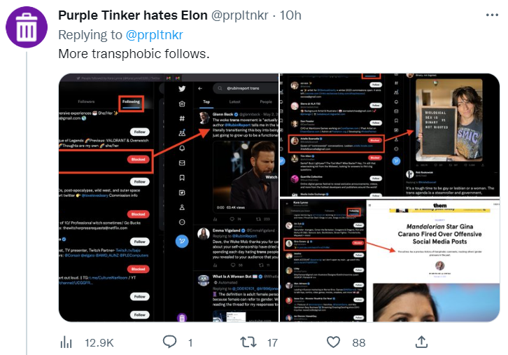 Archive link Purple Tinker highlights Kara Lynne's "transphobic" follows via Twitter