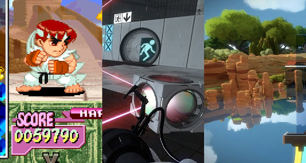 Split image of Super Puzzle Fighter II Turbo, Portal 2 and The Witness