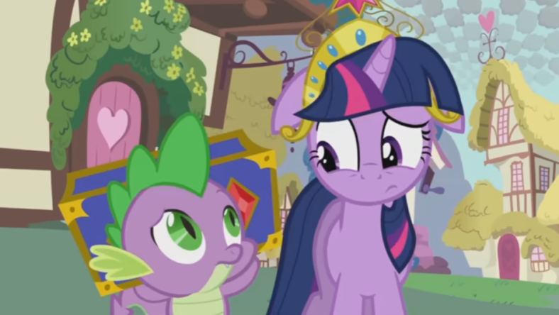 Twilight Sparkle and Spike shoot each other looks of concern and confusion via My Little Pony: Friendship is Magic - 'What My Cutie Mark is Telling Me' Music Video, YouTube