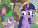 Twilight Sparkle and Spike shoot each other looks of concern and confusion via My Little Pony: Friendship is Magic - 'What My Cutie Mark is Telling Me' Music Video, YouTube