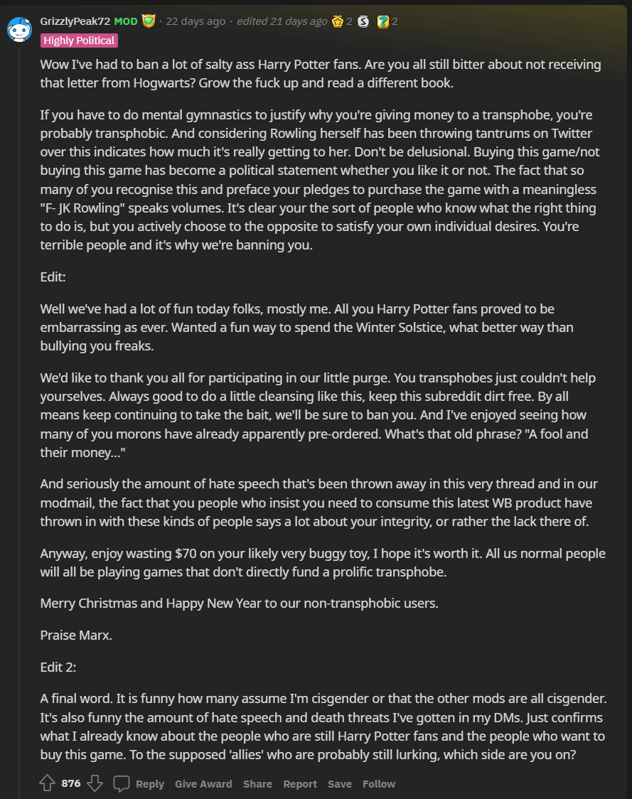 r/GamingCircleJerk moderator GrizzlyPeak72 rants- seemingly with delight- over the "transphobic" users that have been banned via Reddit