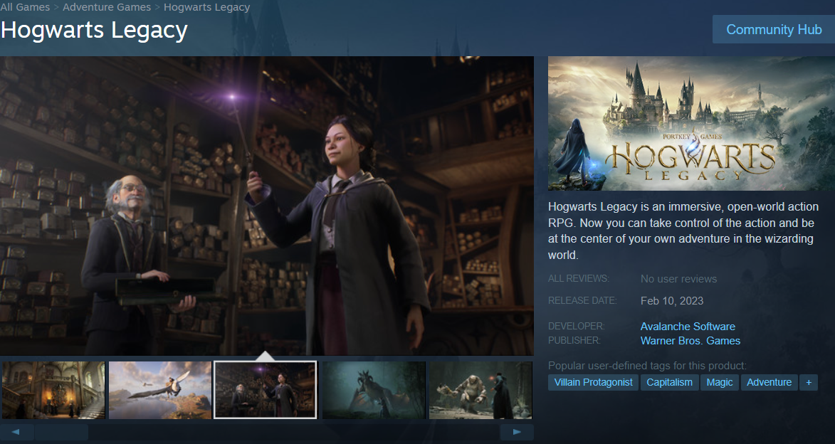 Archive Link The Hogwarts Legacy Steam page user-tags including "Villain Protagonist" and "Capitalism" via Steam