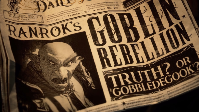 The Daily Prophet reports on the alleged goblin rebellion orchestrated by Ranrok via Hogwarts Legacy (2022), Warner Bros. Interactive Entertainment