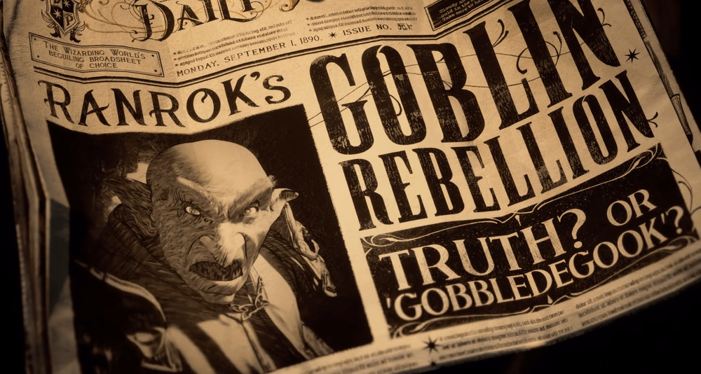 The Daily Prophet reports on the alleged goblin rebellion orchestrated by Ranrok via Hogwarts Legacy (2022), Warner Bros. Interactive Entertainment