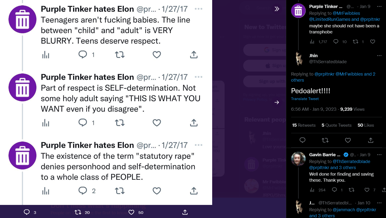 TheSerratedBlade shares alleged tweets of Purple Tinker seemingly advocating for pedophilia via Twitter