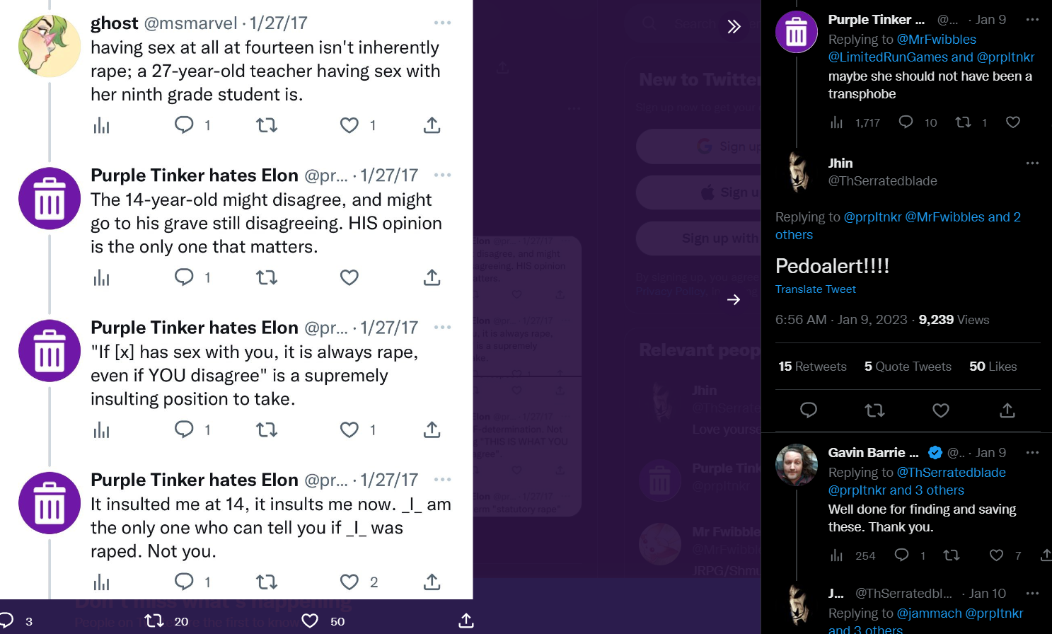 TheSerratedBlade shares alleged tweets of Purple Tinker seemingly advocating for pedophilia via Twitter