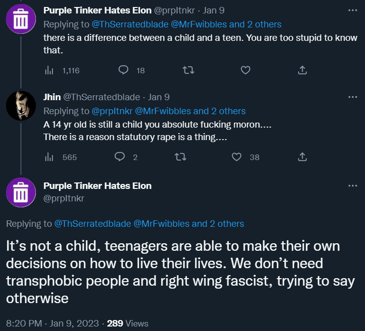 Purple Tinker accuses TheSerratedBlade of being a "right wing fascist" for claiming a 14 year old cannot consent to sex via Twitter
