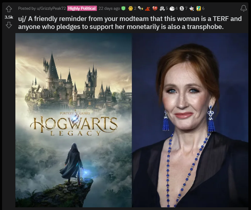 r/GamingCircleJerk moderator GrizzlyPeak72 warns users not to support J.K. Rowling or Hogwarts Legacy via Reddit