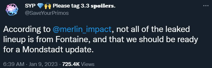 SaveYourPrimos shares merlin_impact's claim that not all the characters from the Genshin Impact Fontaine leak will actually be from that region, and some will come from an alleged update to Mondstadt via Twitter