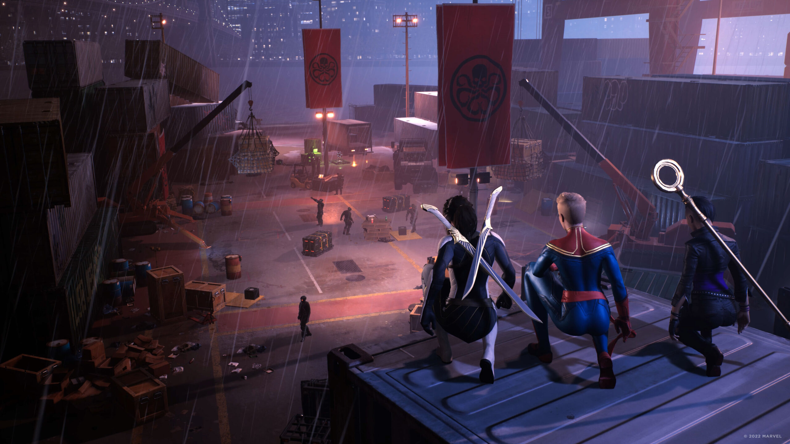 The Hunter, Captain Marvel, and Sister Grimm look over a HYDRA base via Marvel's Midnight Suns (2022), 2K