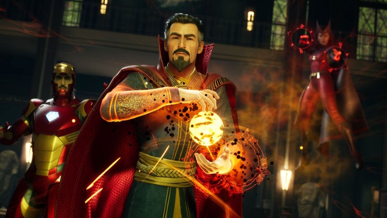 Doctor Strange, Iron Man, and Scarlet Witch stand in heroic poses via Marvel's Midnight Suns (2022), 2K