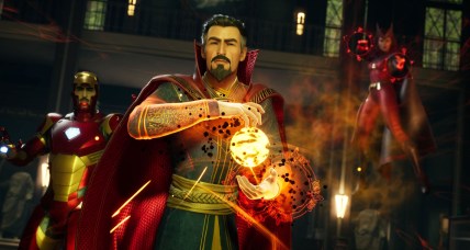Doctor Strange, Iron Man, and Scarlet Witch stand in heroic poses via Marvel's Midnight Suns (2022), 2K