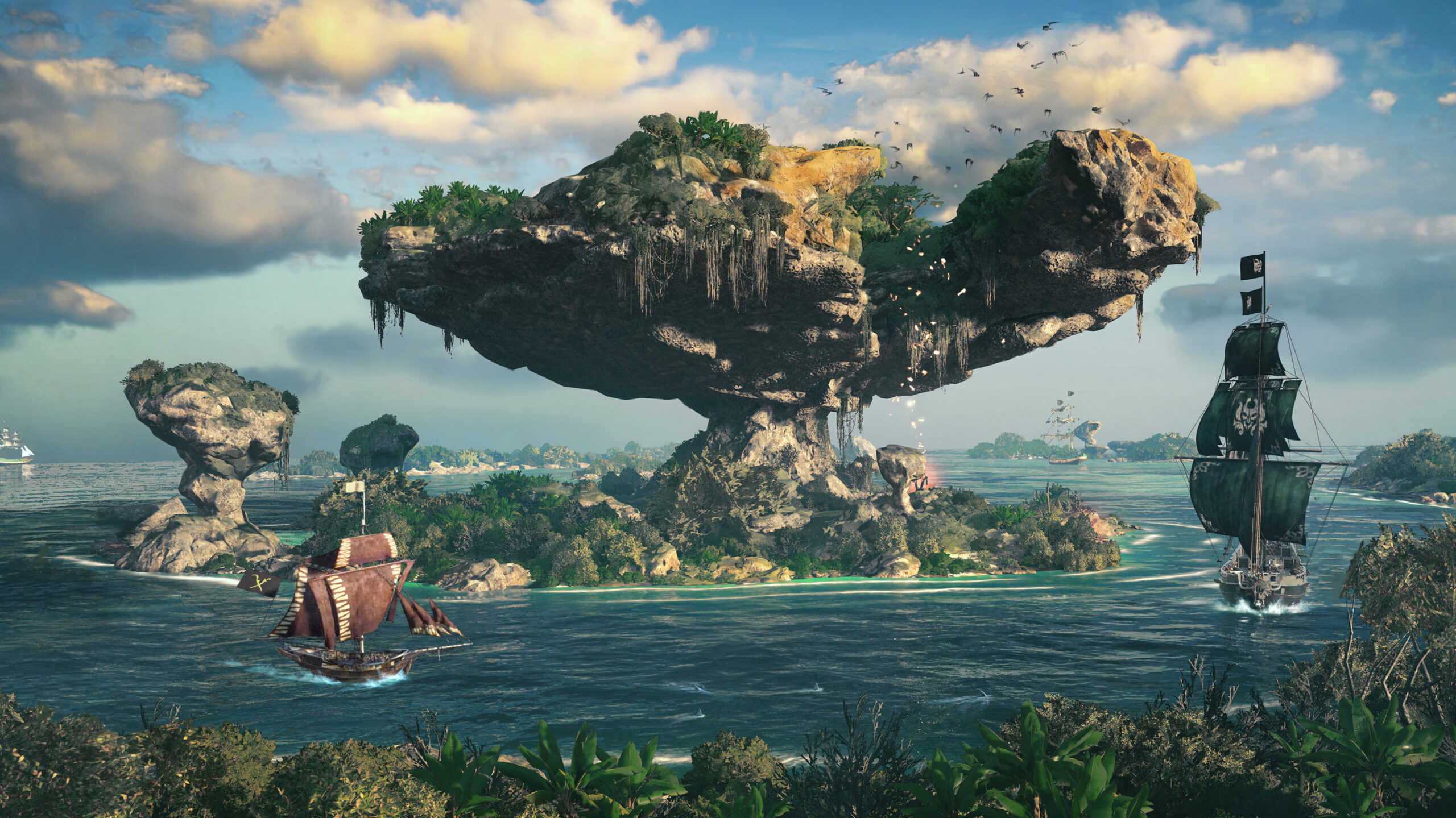 A top-heavy island is surrounded by a pair of circling pirate ships via Skull and Bones (2023), Ubisoft