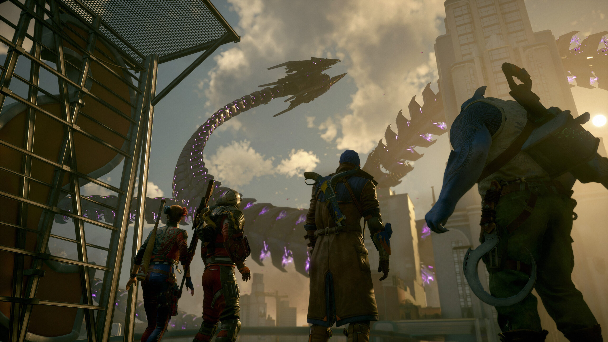 A giant mechanical tentacle from a Braniac ship snakes around skyscrapers, as Harley Quinn, Deadshot, Captain Boomerang, and King Shark look on via Suicide Squad: Kill the Justice League (2023), Rocksteady Games