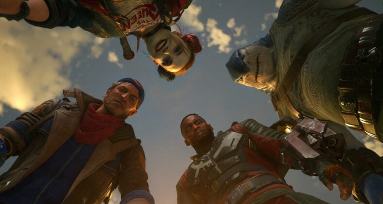 Harley Quinn (Tara Strong), King Shark (Samoa Joe), Deadshot (Bumper Robinson), and Captain Boomerang (Daniel Lapaine) stare downwards in Suicide Squad: Kill the Justice League (2024), Warner Bros. Games