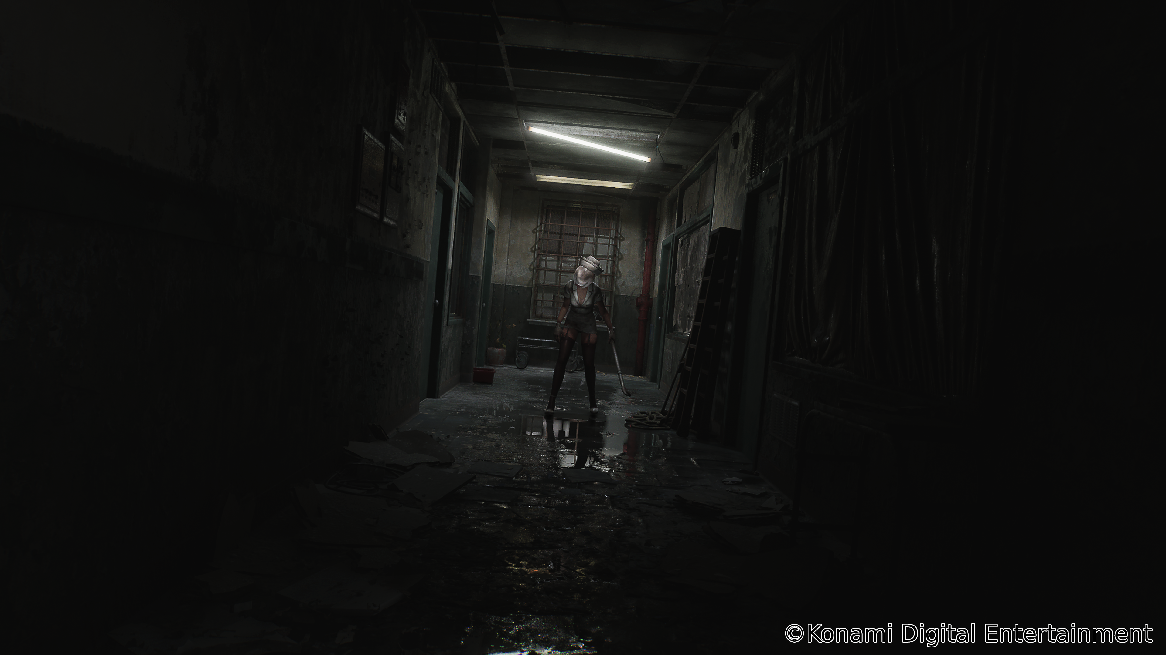 A Bubble Head Nurse waits at the end of a dilapidated corridor, via Silent Hill 2 (TBA), Konami