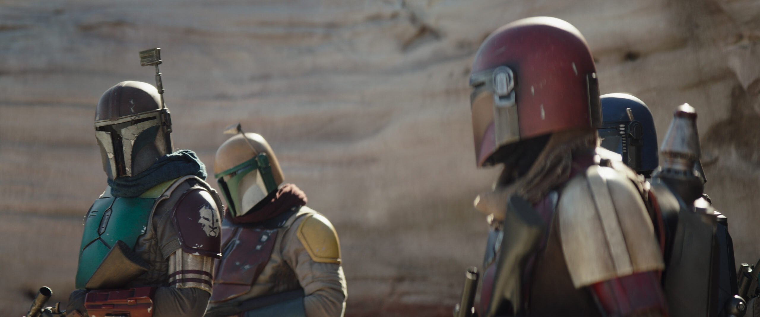 Mandalorians in a scene from Lucasfilm's THE MANDALORIAN, season three, exclusively on Disney+. ©2023 Lucasfilm Ltd. & TM. All Rights Reserved.