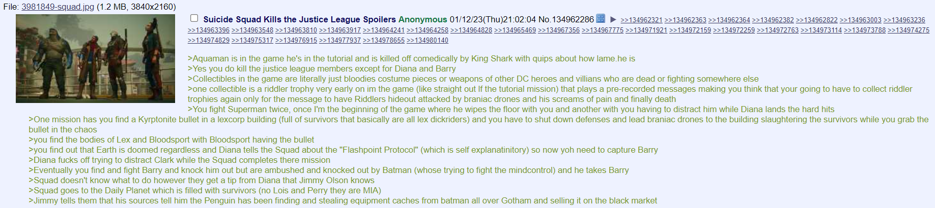 Archive link An alleged summery of Suicide Squad: Kill The Justice League via 4Chan