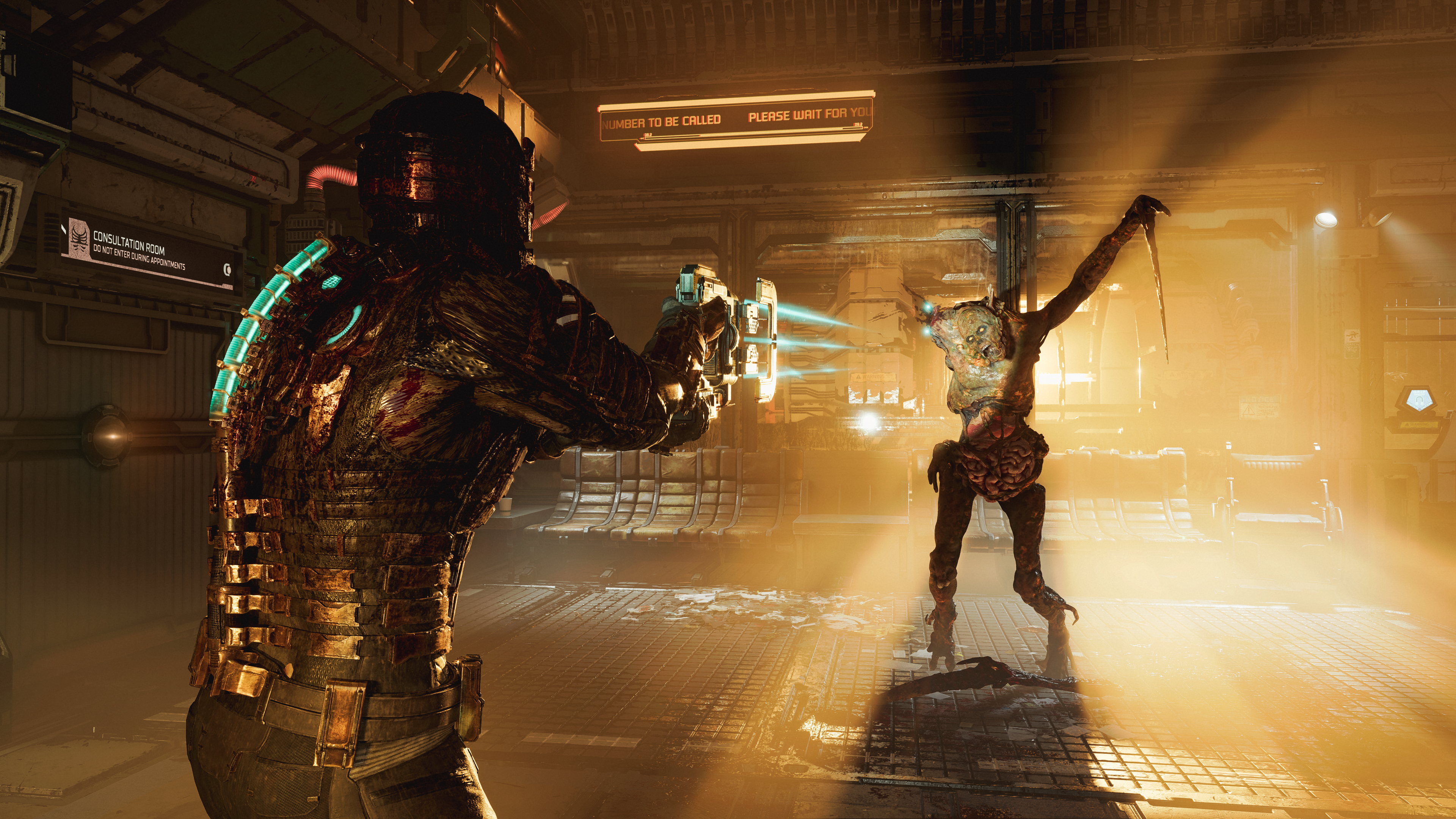 Isaac Clarke continues to shoot limbs off a Slasher Necromorph via Dead Space (2023), Electronic Arts