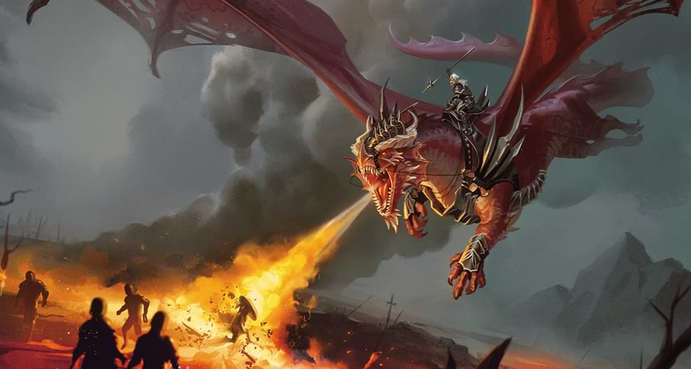 La Reine Dragon Takhisis attaque un groupe de soldats avec un Dragon Rouge dans Dungeons & Dragons Dragonlance : Shadow of the Dragon Queen (2022), Wizards of the Coast.  Illustration de Katerina Landon